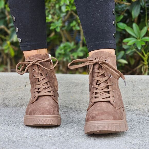 Womens Suede Nude Combat Ankle Boots Lace Up Heeled - Picture 2 of 5